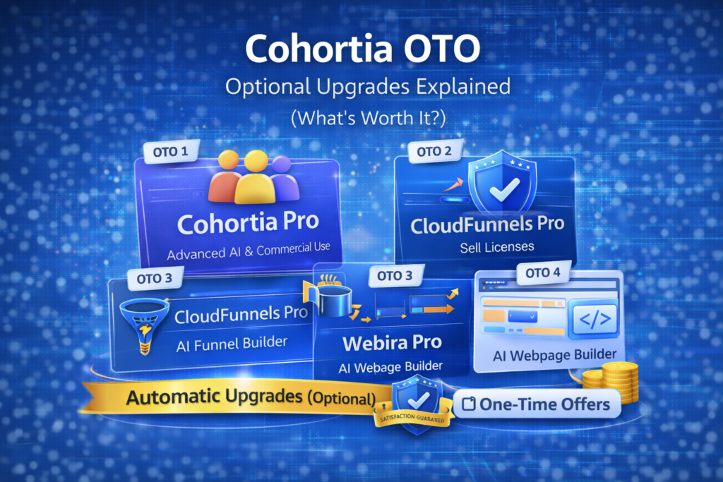 Cohortia OTO overview showing all available upgrades and bundle options